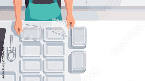 Top down vector illustration of a person in an apron organizing plastic food containers for meal prep service