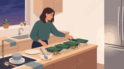 Young woman organizing healthy meal prep containers on a kitchen island for a balanced lifestyle flat illustration