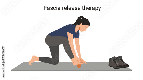 Woman practicing myofascial release therapy for foot pain using a spiky massage ball on a fitness mat illustration