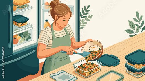 Young woman organizing healthy meal prep containers in a modern kitchen near an open refrigerator, flat vector illustration