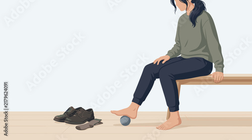 Minimalist vector illustration of a woman using a spiky massage ball for foot therapy and pain relief