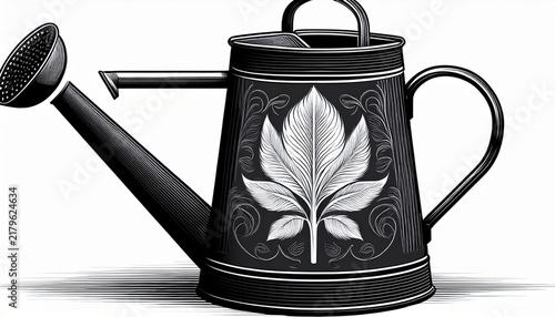 black vintage watering can with leaf design