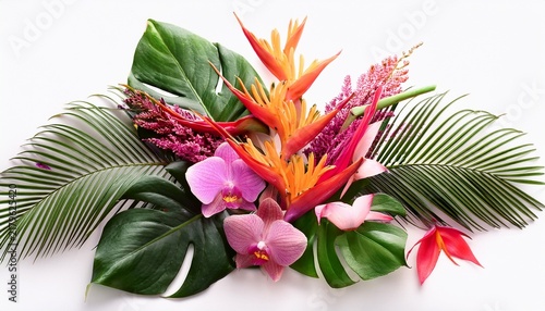 vibrant tropical flower bouquet with bird of paradise pink orchids red ginger and monstera leaves isolated on white ideal for exotic summer hawaiian and travel designs