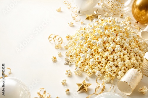 Glossy hand-drawn party still life with popcorn, balloons, ribbons and festive decorations.