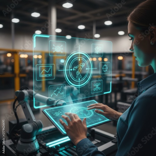 A female control systems engineer using a digital tablet to operate a futuristic holographic interface for monitoring industrial robotic arms in a high-tech automated factory