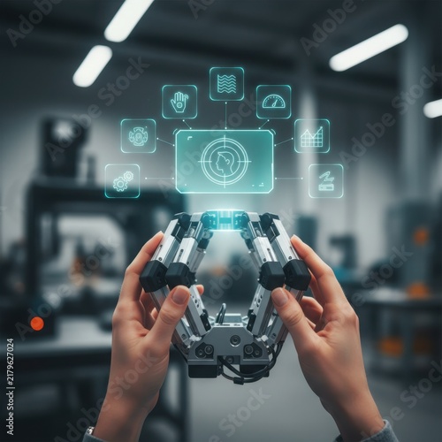 Close-up of hands holding a robotic gripper end effector with a futuristic glowing holographic control interface in a blurred industrial laboratory setting
