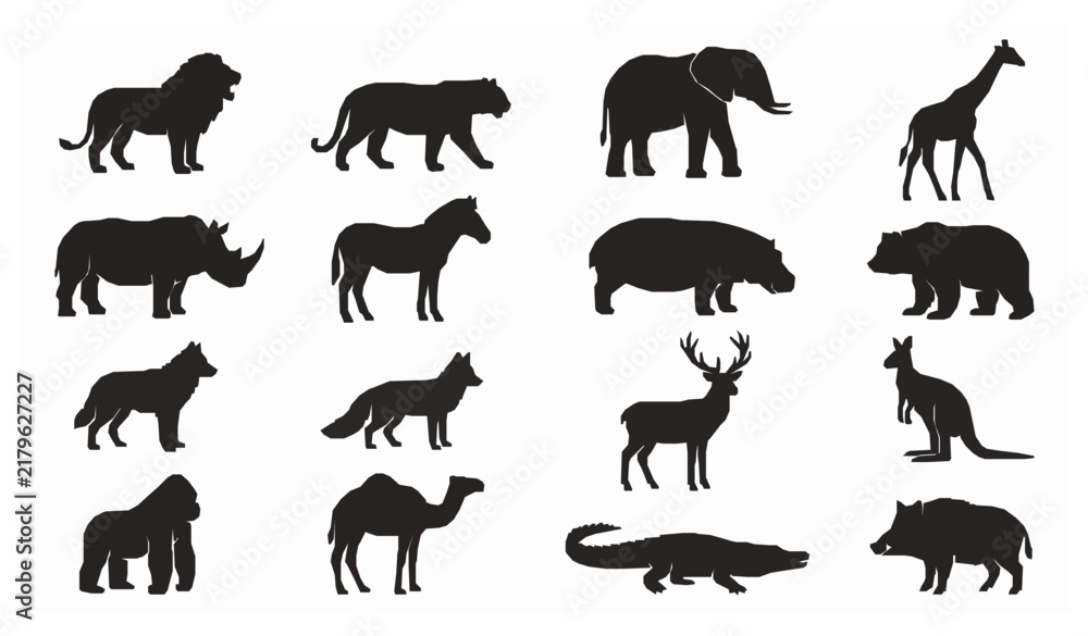 Fototapeta premium Domestic Animal Silhouette Icon Set Black Vector on White