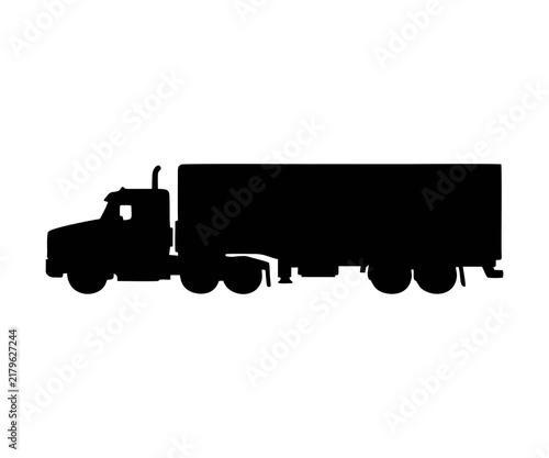 Black silhouette of a large semi truck with a trailer side view silhouette  illustration on white background. 

