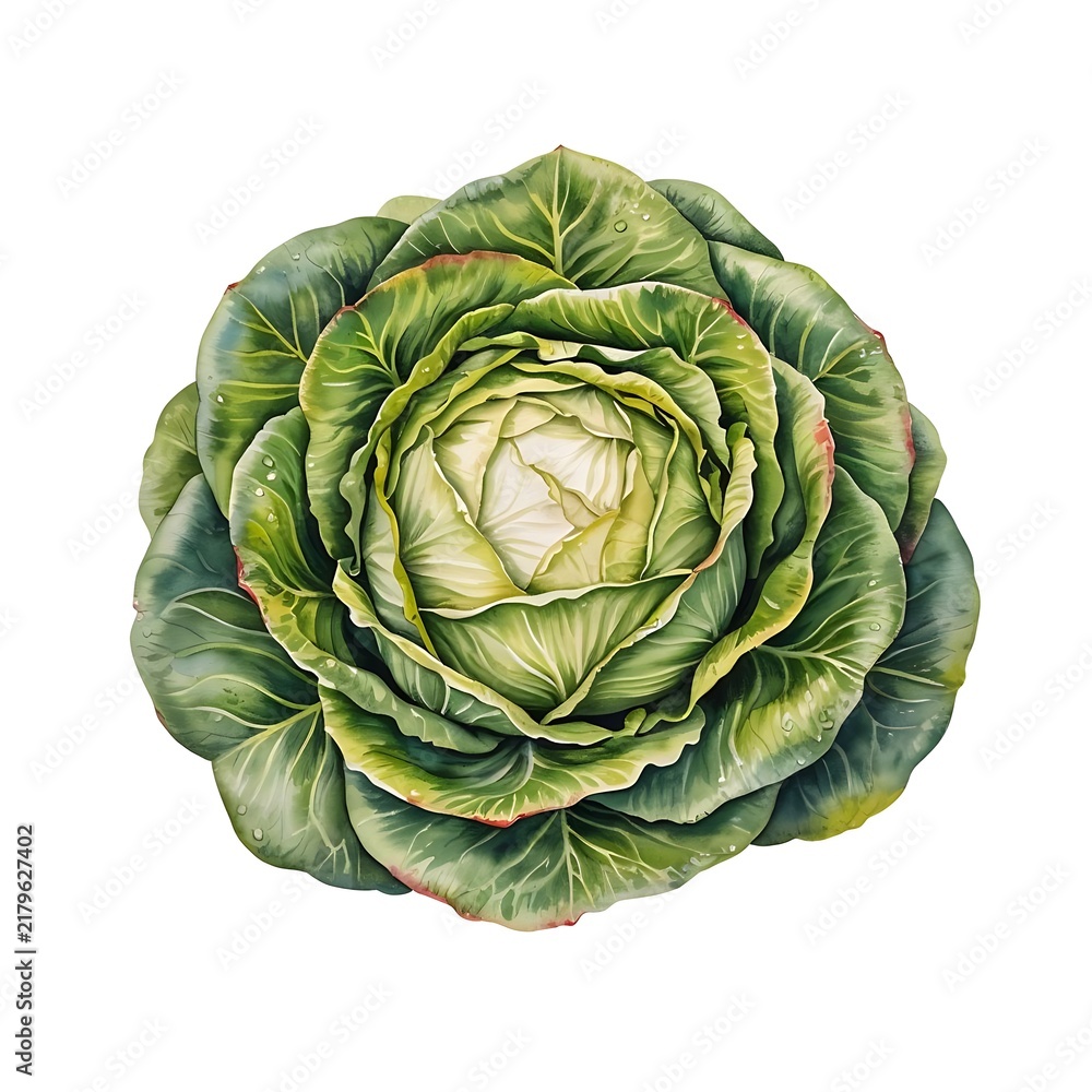 Obraz premium Green head of lettuce. Realistic watercolor botanical illustration of cabbage.
