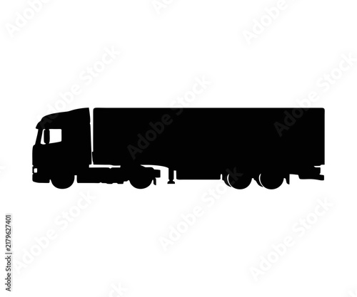 Black silhouette of a large semi truck with a trailer side view silhouette illustration on white background. 
