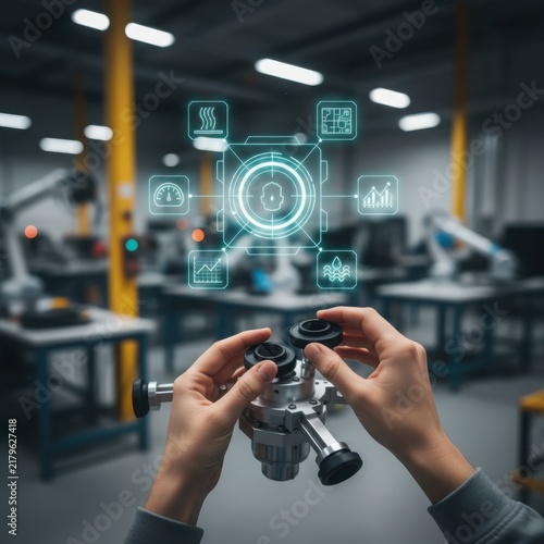 Close-up of a female technician's hands repairing a robotic end effector with vacuum cups, featuring a futuristic digital holographic HUD overlay in a modern industrial factory setting