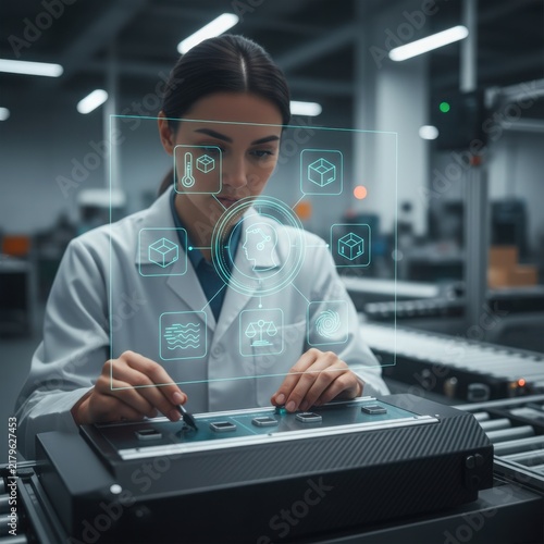 Professional female robotics engineer in a white lab coat calibrating an automated system using a futuristic holographic interface in a modern industrial warehouse environment