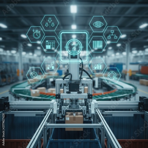 High-angle photorealistic shot of a robotic arm placing a package into a container at a futuristic warehouse parcel induction station with a blue holographic data overlay