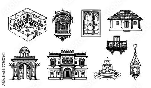 Traditional Indian House Architecture Heritage Black and White Vector Icons