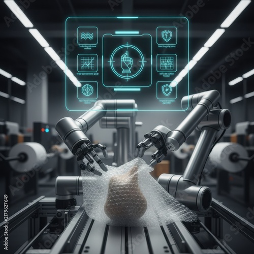 High-precision robotic arms applying bubble wrap protection to an object in a futuristic industrial packaging cell with a floating holographic digital display