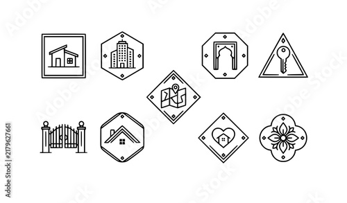 Minimal Indian Real Estate Home Property and Cultural Badge Vector Icons