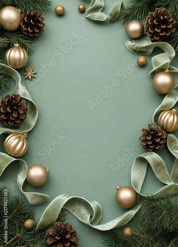 Christmas frame with gold ornaments, pine cones, and green velvet ribbon on sage green background