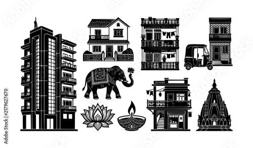 Indian Urban Housing Real Estate and Cultural Symbol Black White Vector Icons