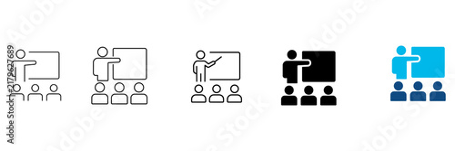 Presentation icon with presenter and audience symbolizing training, teaching and communication. Business seminar pictogram for conference, workshop, education, meeting and professional presentation co
