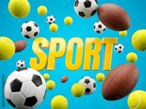 Sport text sign with floating soccer balls, footballs and tennis balls on blue background