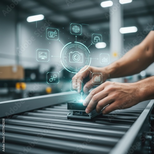 Close up of a technician's hands aligning a vision sensor on a parcel conveyor belt with a complex holographic interface overlay showcasing smart factory automation
