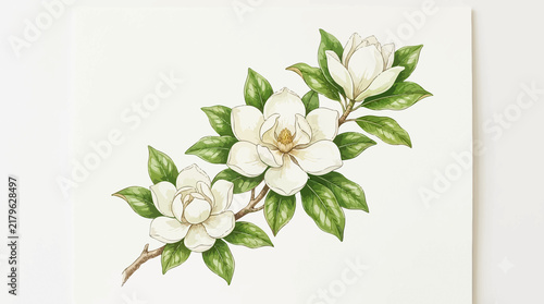 Watercolor painting of white camellia flowers on leafy branch with camellia flow
