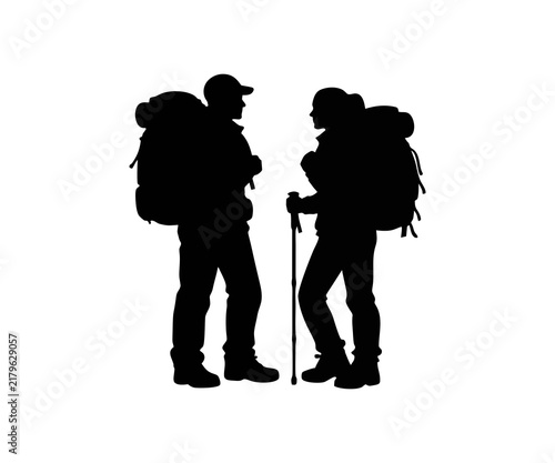 Black silhouettes of a couple hikers with a backpack walking. Outdoor adventure people hiking with backpacks and trekking pole isolated illustration on white background. 

