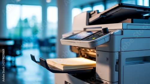 Modern office multifunction printer standing in a bright workspace with blurred background, showing desks and, windows in a, corporate setting
