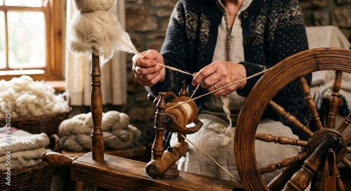 Older woman spinning wool at a spinning wheel in a rustic workshop  