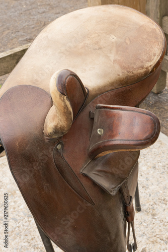 Ladies side saddle. Equestrian horse saddle. Leaping head and fixed head. 