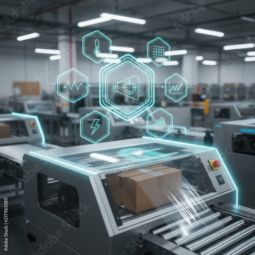High-tech automated parcel shrink wrapping unit in a smart factory with a glowing cyan holographic data interface displaying industrial monitoring icons
