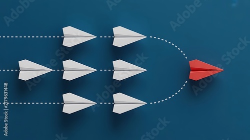 Red paper airplane leading a group of white airplanes on a dark blue background, representing leadership and, innovation in business, strategy concepts