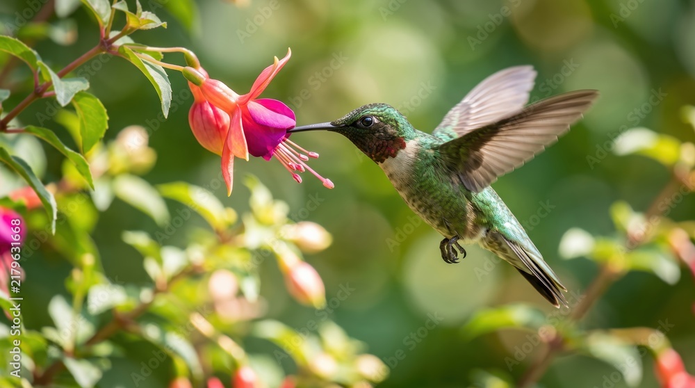 Fototapeta premium Hummingbird feeding on fuchsia flower