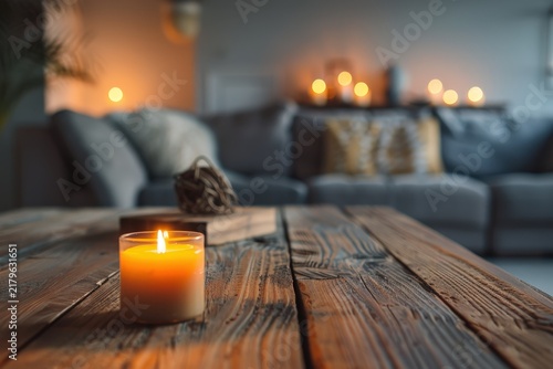 Burning candle in glass jar on rustic wooden table in cozy living room flame