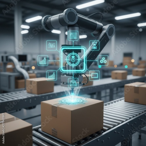 Autonomous industrial robotic arm using futuristic holographic interface and laser sealing technology to pack cardboard shipping boxes on a conveyor belt in a modern warehouse