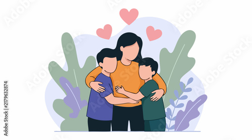 Принти на полотні Mother hugging her two children, illustrating family love and connection