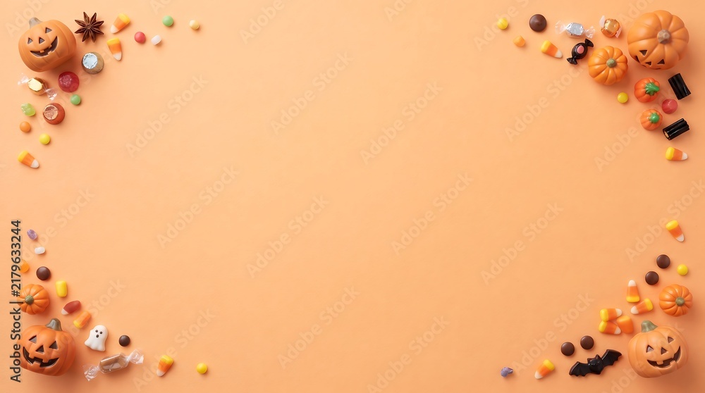 Fototapeta premium Festive halloween 3d background featuring cute pumpkins and autumn decorations with a blank space for your text