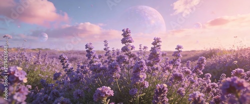 Dreamy lavender field under a surreal celestial sky with planets