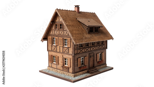 Quadro su tela Miniature detailed wooden house model or small rustic log cottage architecture d