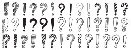 Doodle exclamation mark and question marks set. Hand drawn drawing punctuation symbols, creative ink stroke question exclamation mark icon set.