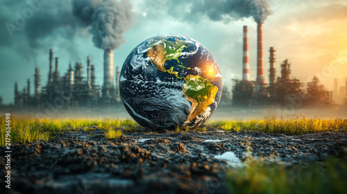 Earth on a background of grass and clouds versus a ruined Earth on a background
