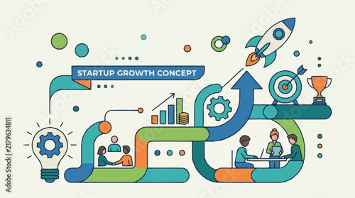 Startup Growth Concept Illustration With Rocket And Team.