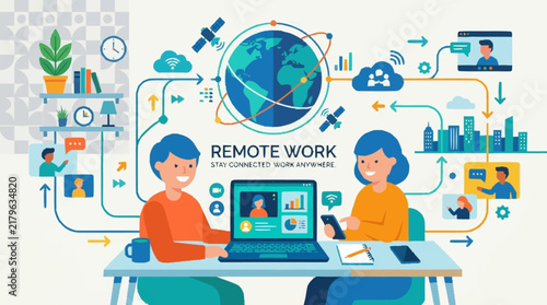 Remote work digital illustration of two people collaborating online.