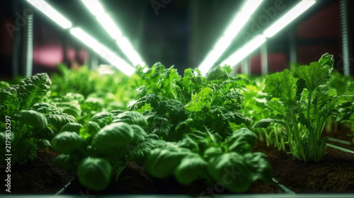 vibrant indoor garden with lush green plants illuminated by bright LED lights