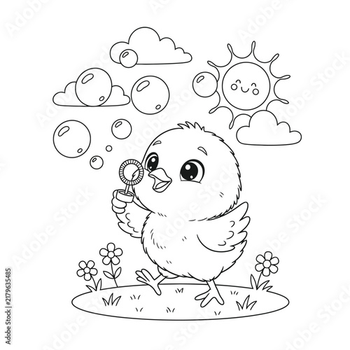Cute Baby Chick Exploring with Magnifying Glass, Cartoon Bird Line Art Coloring Page with Bubbles, Clouds and Flowers