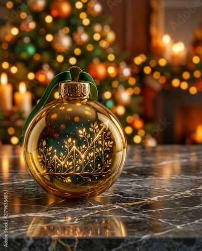 golden christmas ornament with growing financial graph on marble table