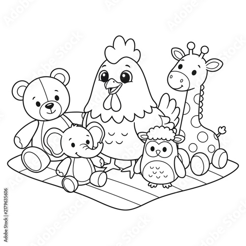 Cute Farm Animal Friends Coloring Page with Chicken, Giraffe, Bear, Mouse and Owl, Hand Drawn Cartoon Line Art for Kids