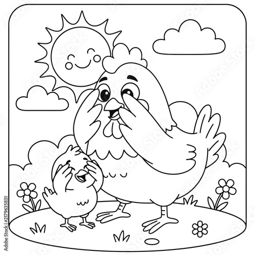 Cute Mother Hen Hugging Baby Chick, Heartwarming Cartoon Animal Family Coloring Page with Sun, Clouds and Flowers