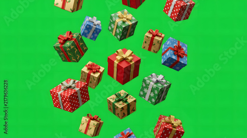 Colorful Gift Boxes with Ribbons on Bright Green Background