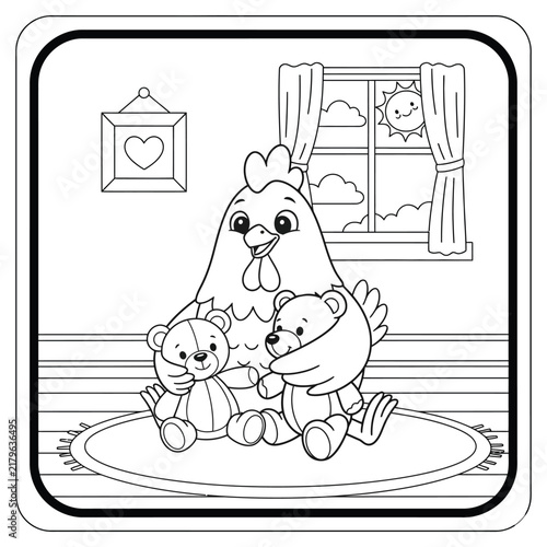 Cute Mother Duck with Baby Ducklings and Teddy Bear, Heartwarming Cartoon Animal Family Coloring Page for Kids